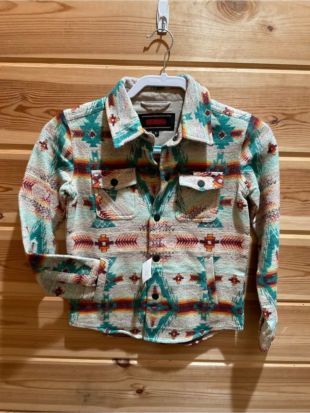 Rock & Roll Kids' Aztec-Pattern Jean Jacket in Cream & Teal